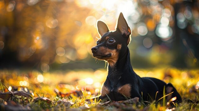 Blurred image of chubby small black Miniature Pinscher dog basking in sunlight on grassy field for background with space for text
