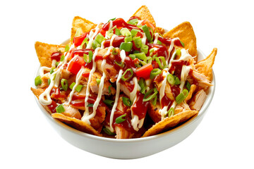 Heap of loaded nachos with chicken, cheese, tomatoes, and onions isolated on white transparent background