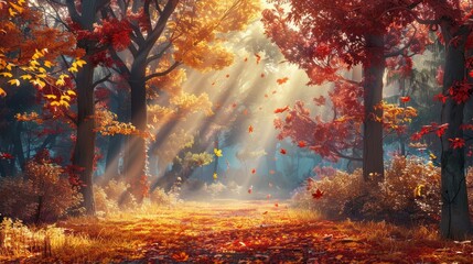 Sunlight filtering through autumn forest