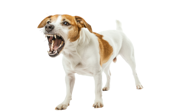 Close-up of an aggressive dog barking with its teeth bared, isolated on white background