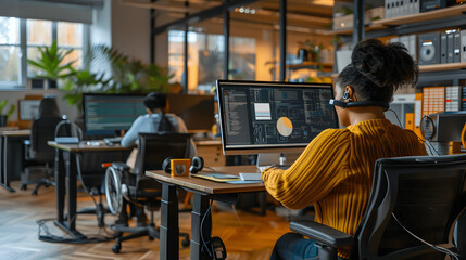 Supportive office environment with professional using assistive technology