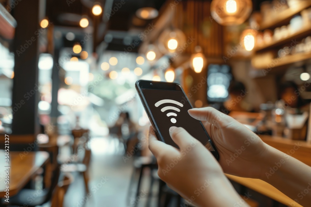 Wall mural phone wifi. woman hand holding smartphone with free wi-fi connection in cafe background