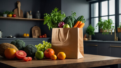 Various fruits and vegetables in a paper bag on the table in the kitchen © tanya78
