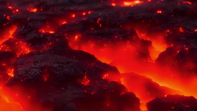 Jagged sharp edges of blackened obsidian jutting out from a bubbling sea of fiery lava emitting a radiant heat.