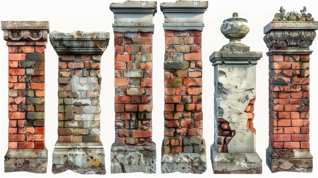 Weathered brick pillars isolated on white background