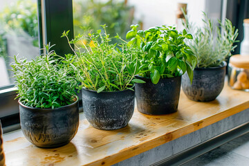 Fototapeta premium Kitchen herbs in pots on a light windowsill.