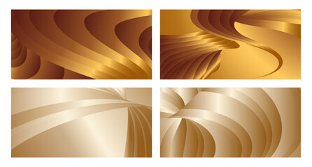 Wavy golden parallel gradient lines, ribbons, silk. Golden with shades of yellow background, banner, poster. Set of 4 backgrounds. Eps vector