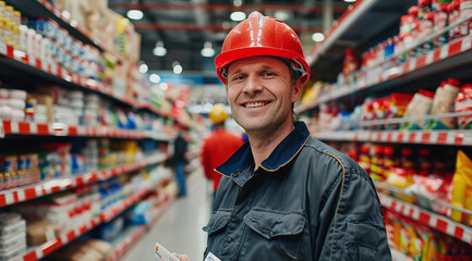 male worker in hardware store wearing red safety helmet 