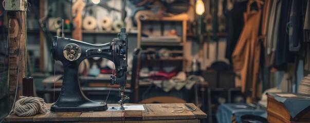 Tailor Focus on a female tailor Black 30s sewing clothes with a tailoring shop background, empty space right for text