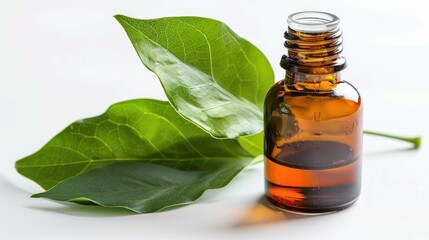 Aromatherapy essential oil in dark glass bottle with liquid and green leaf on white background