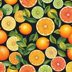 Seamless Pattern With Oranges, Citrus, Lime, Lemon  Fruit Background