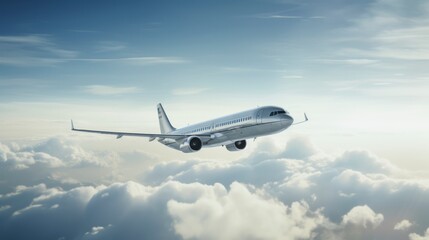 Commercial airplane flying above clouds in the blue sky.