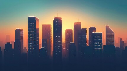 Silhouetted Skyscrapers at Dawn Presenting an Illustration of Business Buildings with Geometric Shapes and Urban Facades 