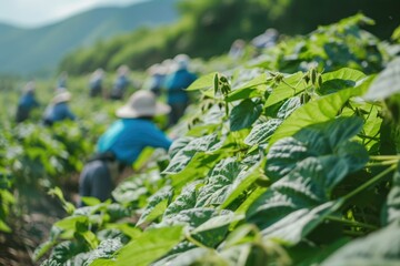 unidentifable workers pick green beans in a field
