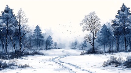 Obraz premium Winter forest paths at the edges, clear space in the middle, inviting winter walk, serene handdrawn landscape, perfect for peaceful nature designs