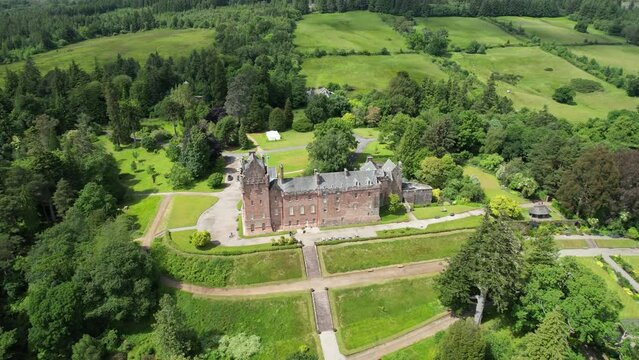 Brodick Castle on the Isle of Arran aerial view on a sunny day, drone shot in different angle