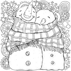 Cute Pair of Snowmen. Love. Snowflakes. Winter, snow, sled, carrot, buttons. Merry Christmas, Happy New Year. Pattern for adult coloring book. Black and white.	