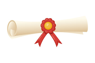 A paper scroll with a graduate's diploma, decorated with a wax seal and a red ribbon. Classic graduation ceremony certificate. The rolled paper, reminiscent of ancient document.