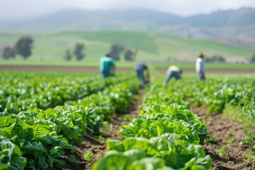 Seasonal immigrant workers harvest lettuce in Salinas Valley  California.