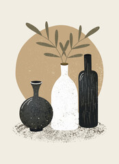 Ceramic vases, plant and a bottle with a grunge brush texture. Vase in boho style. Scandinavian minimalist wall art. Brown, beige, gray color. Posters for living room, bedroom. Vector illustration.