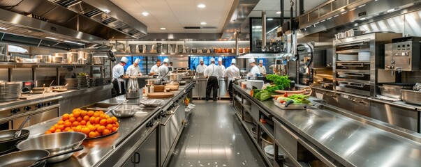 A skilled team of professional chefs is seen preparing food in a modern, bustling commercial...