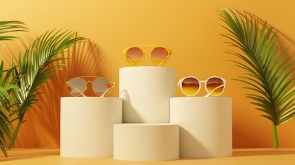 Summer sunglasses collection display with discounts banner on white podiums Minimalistic design with space for text