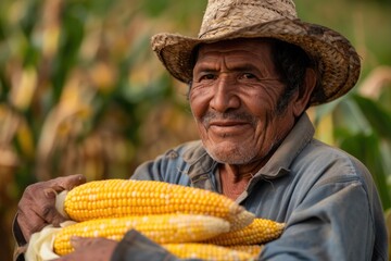 Fototapeta premium A portrait of a Mexican happy farmer collecting corn