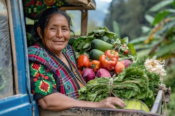 Happy indigenous woman with fresh vegetables in her truck  in the rural area of Guatemala.