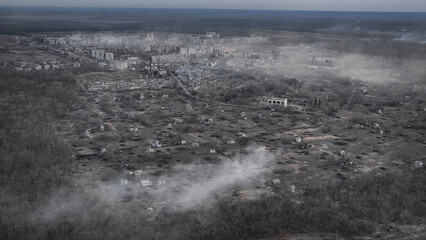 Fototapeta premium destroyed city war effect aerial photography from drone grunge and dirty image quality concept