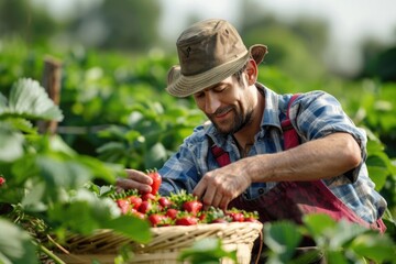 Male farm worker picking strawberries in a field  Male farm worker picking strawberries in a field