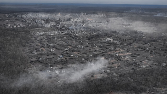 destroyed city war effect aerial photography from drone grunge and dirty image quality concept