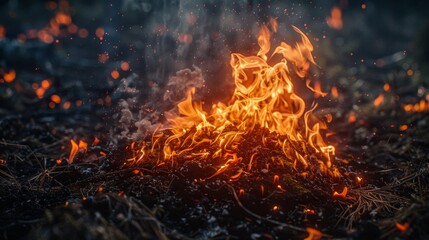 Flames burning on forest floor