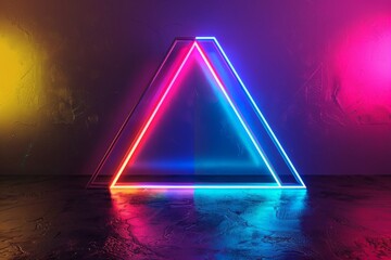 3d render, abstract colorful neon background with triangle frame. Simple geometric shape
