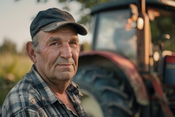 Obraz premium Portrait of a farmer with the tractor behind him.