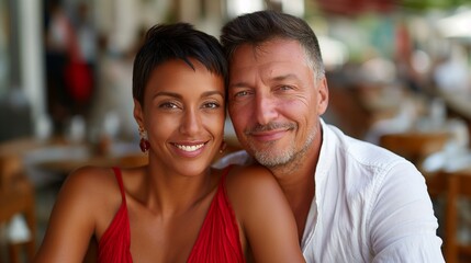 Middle-aged woman in red dress and cheerful man in white shirt sitting in a cafe, waist-up