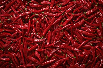 Fototapeta premium Red hot chilli peppers pattern texture background. Close up. A backdrop ofRed hot chilli peppers
