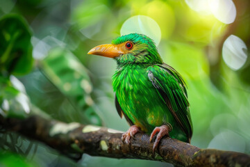 Obraz premium Singapore green broadbill bird on tree branch