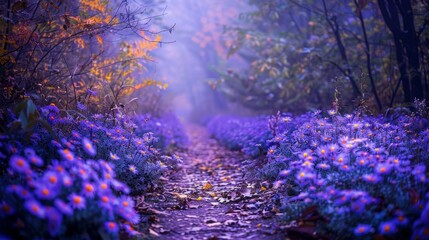 Purple asters line a foggy forest path in fall