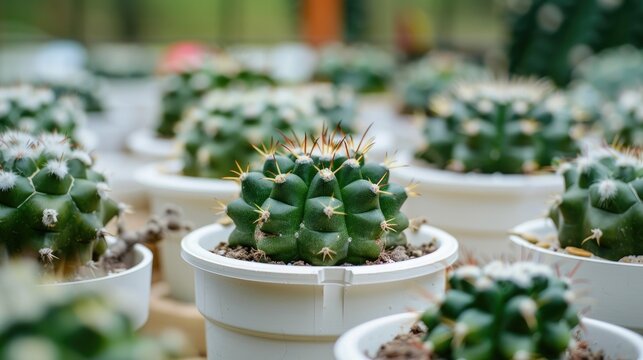 Close up of Gymnocalycium Friedrichii LB 2178 VoS Cactus in white pots at small nursery