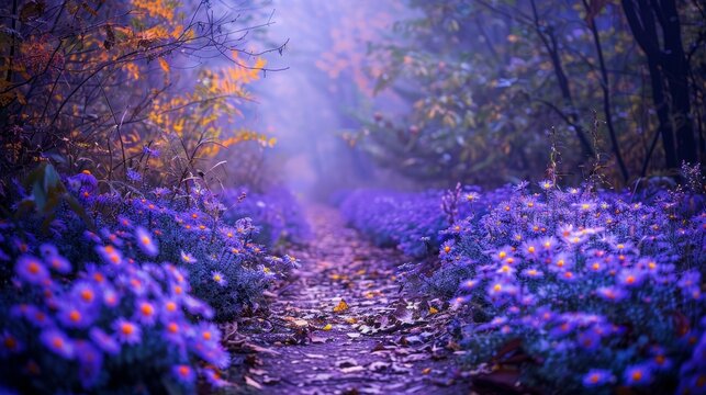 Purple asters line a foggy forest path in fall