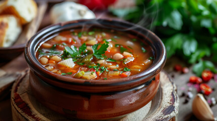 A bowl of soup with a lot of vegetables and herbs