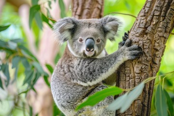 Fototapeta premium Koala Climbing Eucalyptus Tree, Wildlife Closeup in Natural Habitat, Cute and Furry Animal