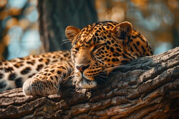 Obraz premium Leopard Resting on Tree Branch, Wildlife Closeup in Natural Habitat