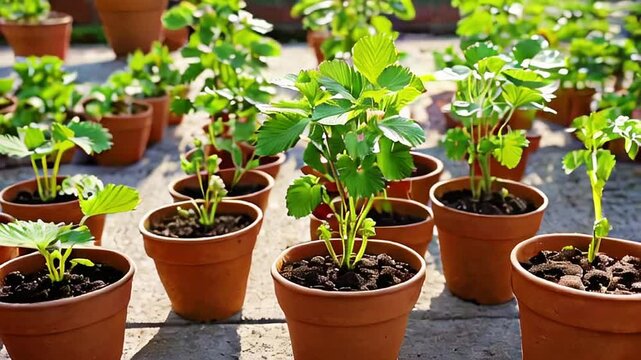 stowberry plant in pot.Seamless 4k time lapse virtual video animation background