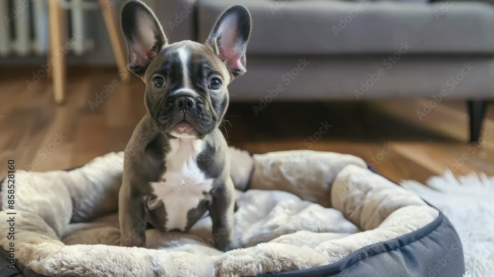 Wall mural Curious French bulldog puppy making eye contact while sitting on dog bed