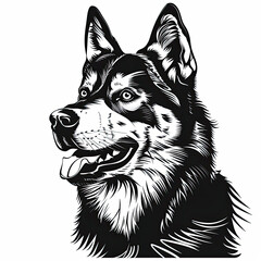 A black and white drawing of a siberian husky dog