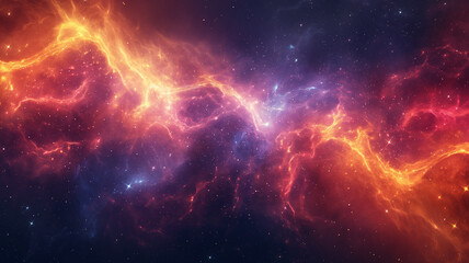Abstract background with a cosmic theme, including stars and nebulae. 