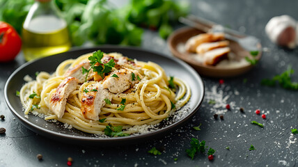 Chicken Alfredo pasta with a creamy garlic sauce, topped with grated Parmesan and fresh parsley. 