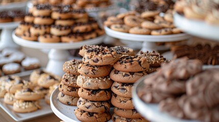Chocolate chip cookies on display at a bakery