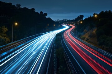 Traffic at Night with Light Trails and Dynamic Motion, Vibrant Urban Scene Captured with Long Exposure